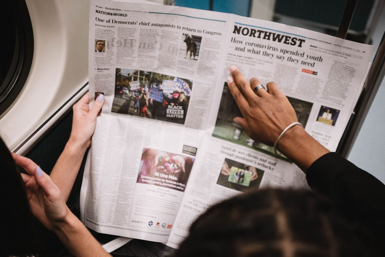 People reading a newspaper on a subway train, highlighting current events and diverse perspectives. — Importance of understan